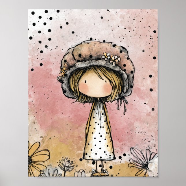 Poster Menina Caprichosa Aquarela com Acentos Florais (7) (Frente)