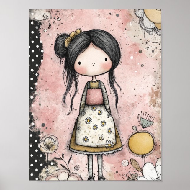 Poster Menina Caprichosa Aquarela com Acentos Florais (8) (Frente)