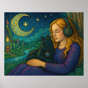 Poster Menina Caprichosa com Gato Preto sob a Lua Crescen