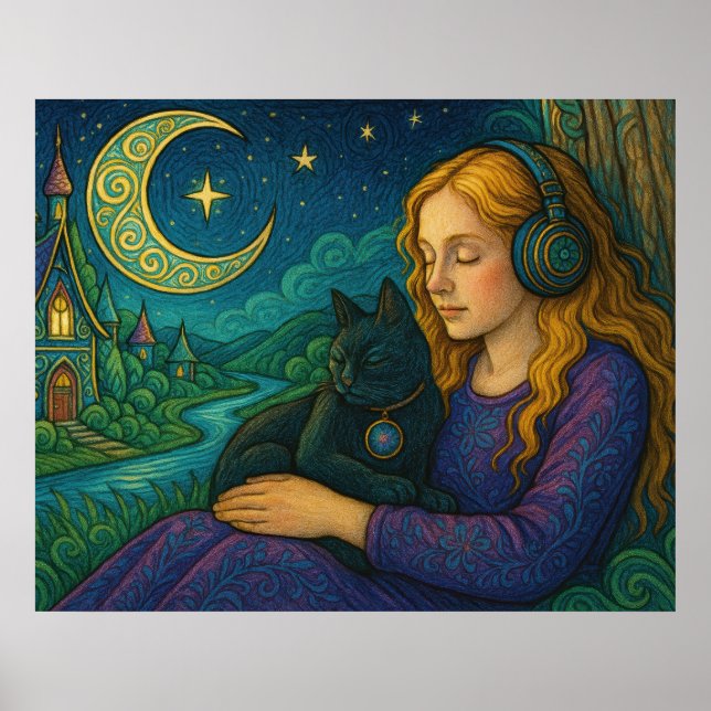 Poster Menina Caprichosa com Gato Preto sob a Lua Crescen (Frente)