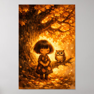 Poster Menina Caprichosa e Coruja - Carvalho Outono Óleo