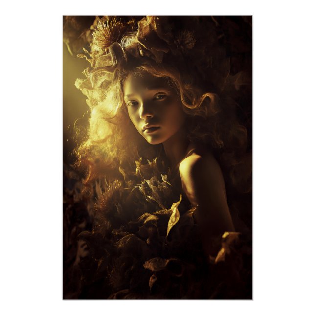 Póster Menina Casulo de Folha de Outono Brilho Dourado (Frente)