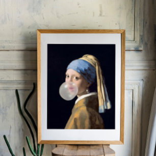 Póster Menina com brinco de pérola soprando chiclete