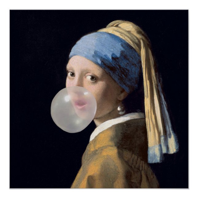 Póster Menina com brinco de pérola soprando chiclete (Frente)