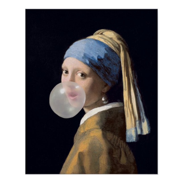 Póster Menina com brinco de pérola soprando chiclete (Frente)