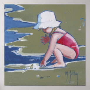 Póster Menina com chapéu na praia com ondas