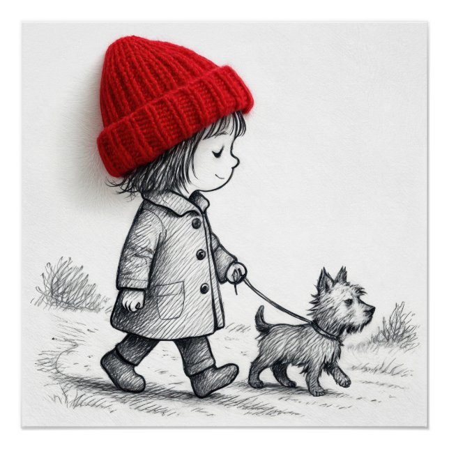 Póster Menina com Chapéu Vermelho 3D Passeando com o Cach (Frente)