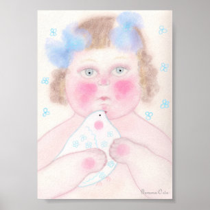 Póster Menina com desenho de pombo da paz.
