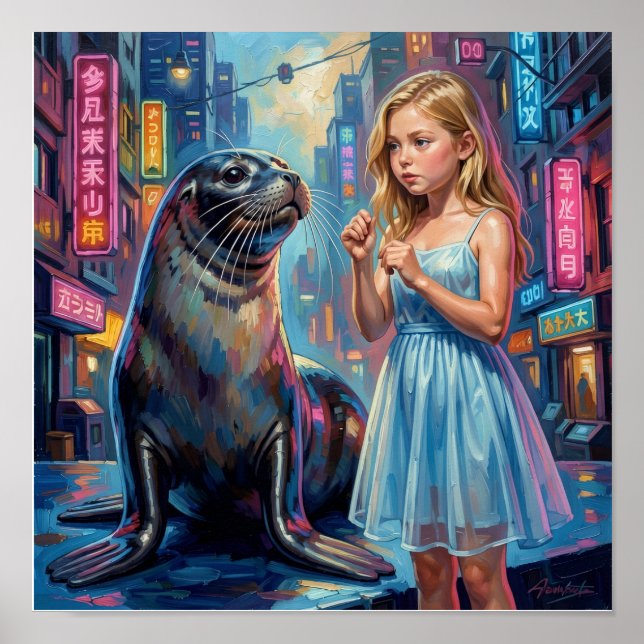 Poster Menina com Foca em Neo-Impressionista Hiper-Realis (Frente)