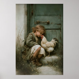 Poster Menina Com Frango Imprimível, Galo Rústico