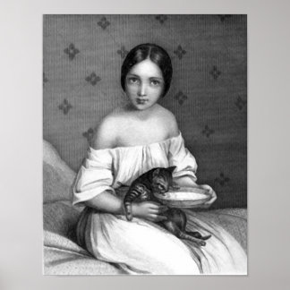 Póster Menina com gatinho e tigela de leite