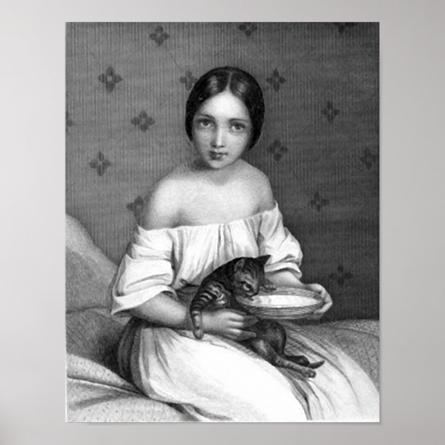 Póster Menina com gatinho e tigela de leite (Frente)