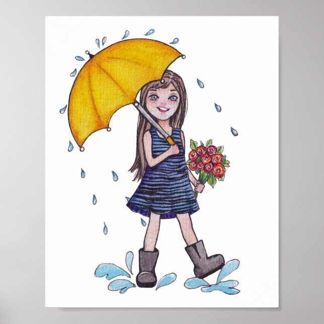 Poster Menina Com Guarda-Chuva Amarelo Em Aquarela (Frente)
