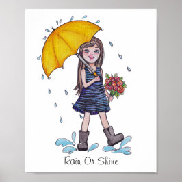 Poster Menina Com Guarda-Chuva Amarelo Em Aquarela