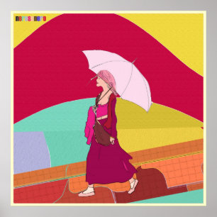 Póster Menina com guarda-chuva cor-de-rosa