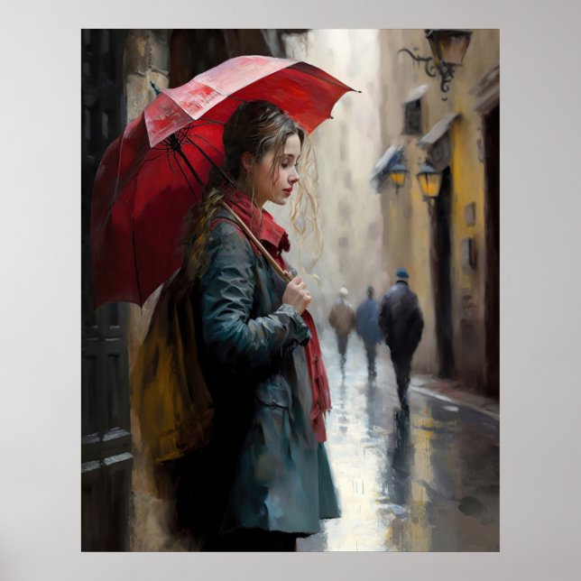 Poster Menina com guarda-chuva vermelha nas ruas de Paris (Frente)