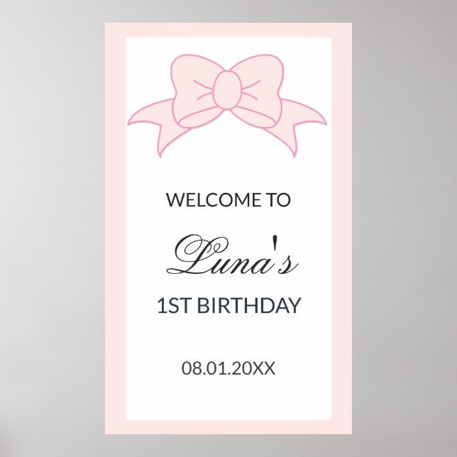 Poster Menina com Laço Rosa Aniversário de 1 ano  (Frente)