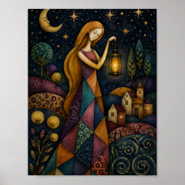 POSTER MENINA COM LANTERNA SOB O CÉU ESTRELADO AZUL