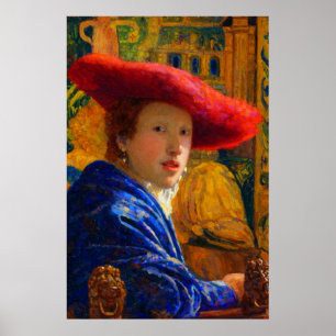 Poster Menina com o chapéu vermelho de Johannes Vermeer
