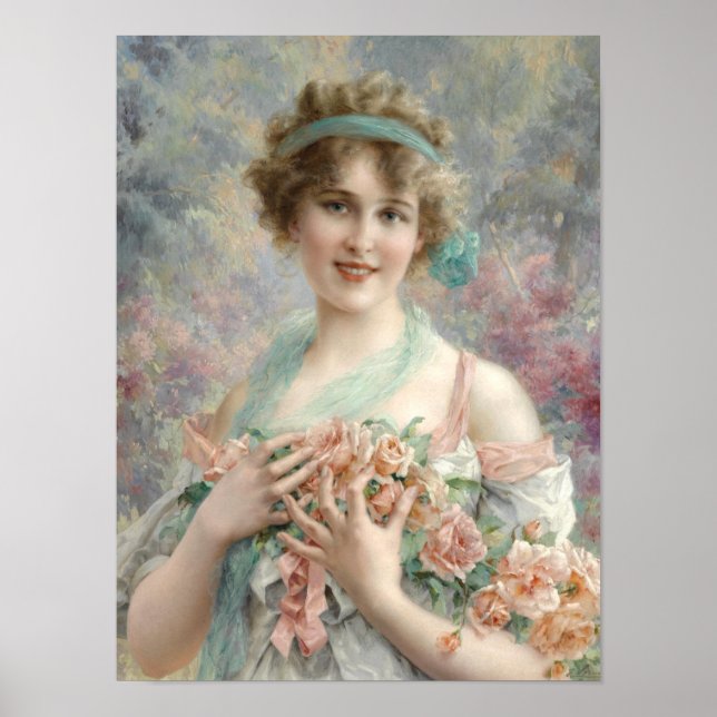 Poster Menina com rosas Retrato de Arte Fino (Frente)