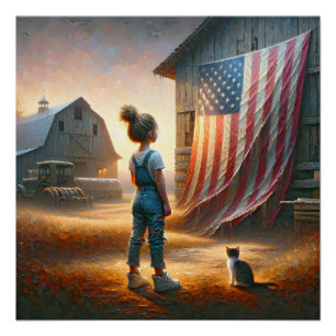 Póster Menina com uma bandeira americana em um celeiro