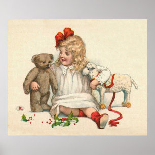 Poster Menina com ursinho e cordeiro