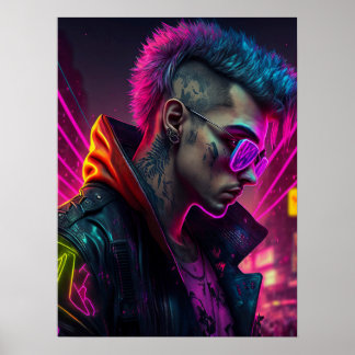 Poster Menina Cyberpunk na cidade de neon