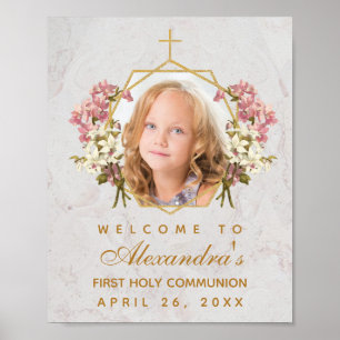 Poster Menina da Primeira Comunhão Foto Orquídeas Rosa Be