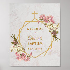 Poster Menina das Flores Batismo Mármore Dourado Orquídea