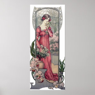 Poster Menina de Alfons Mucha do vintage com flores