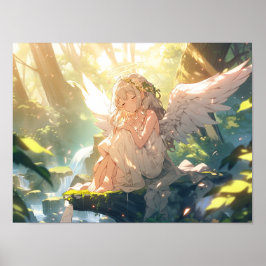 Poster Menina de animação angélica sonolenta na floresta