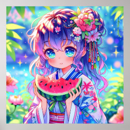 Poster Menina de Animação bonito Comendo Melancia