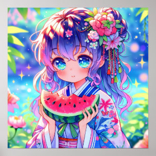Poster Menina de Animação bonito Comendo Melancia