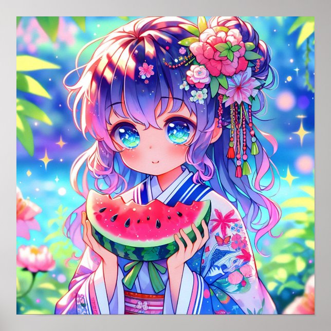 Poster Menina de Animação bonito Comendo Melancia (Frente)
