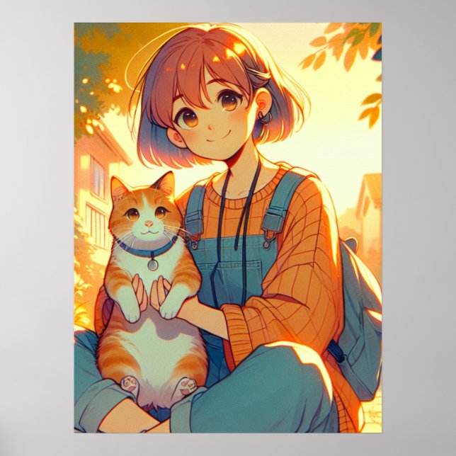 Poster Menina De Animação Com Seu Gato Favorito (Frente)