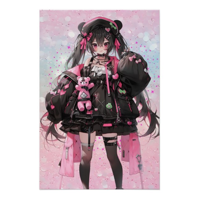 Póster Menina de animação Kawaii em rosa e vestido preto (Frente)