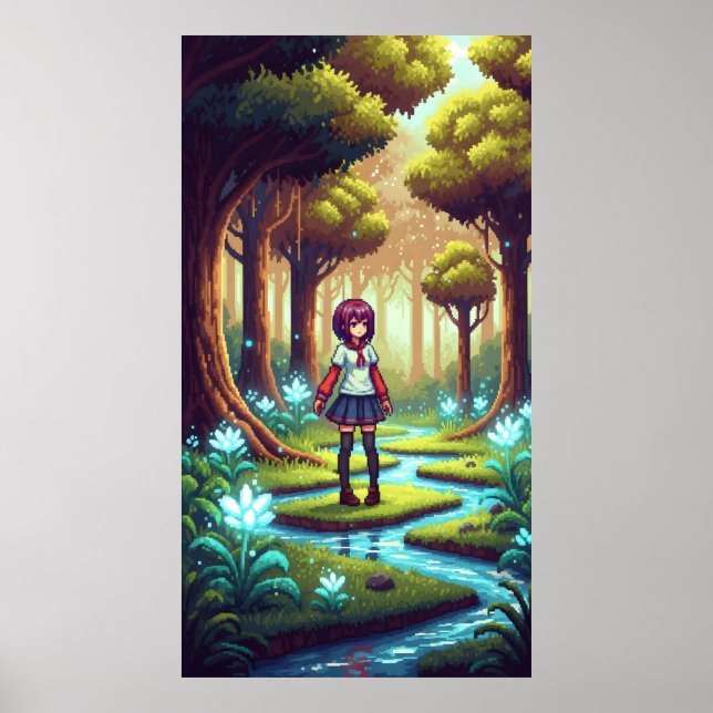 Poster Menina de animação Pixel em uma floresta densa (Frente)