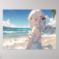 Menina de anime branca e bonita na praia
