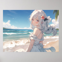 Poster Menina de anime branca e bonita na praia