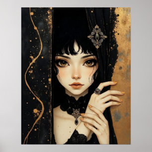Poster Menina de Anime Gótico Preto e Dourado