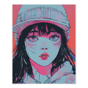 Póster Menina de Anime Pastel com Arte de Touca