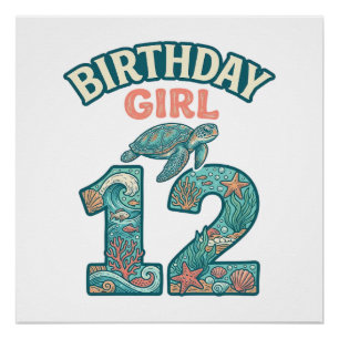 Póster Menina de Aniversário 12 Tartaruga Marinha Oceano 