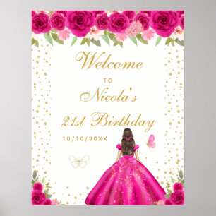 Poster Menina de Cabelo Castanho Rosa Quente Parabéns Fes