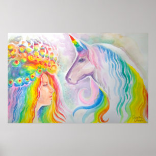 Poster Menina de cabelo e unicórnio do arco-íris