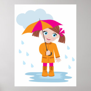 Poster Menina de Casaco Laranja com Guarda-Chuva Rosa