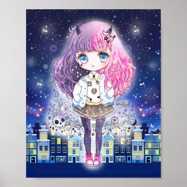 Póster Menina de chibi bonita numa cidade de estrelas (Frente)