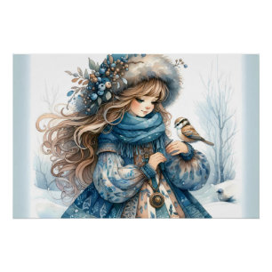 Póster Menina de Inverno com Pássaro em Casaco Floral Azu