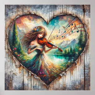 Poster Menina de Madeira Rústica Tocando Música de Violin