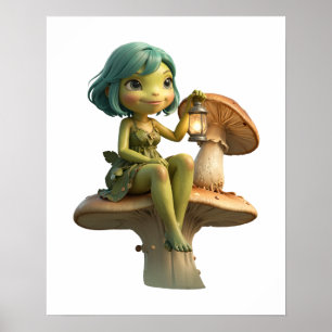 Poster Menina de Sapo Fofo com Lanterna no Cogumelo