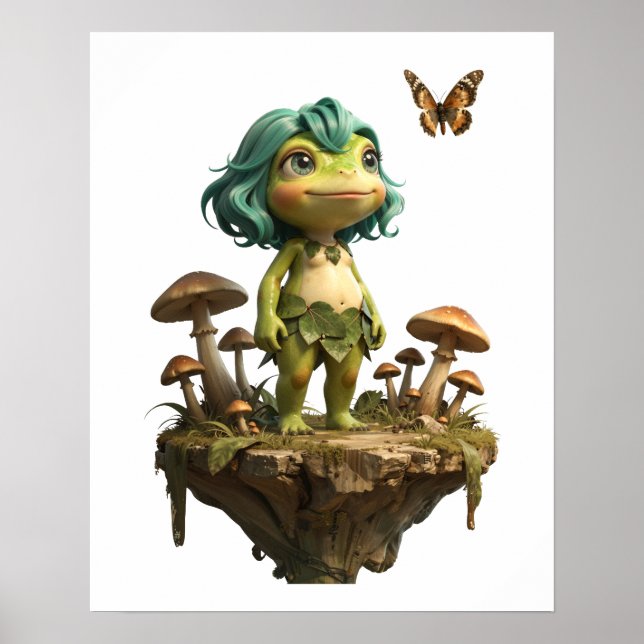 Poster Menina de Sapo Fofo Entre Cogumelos com Borboleta (Frente)